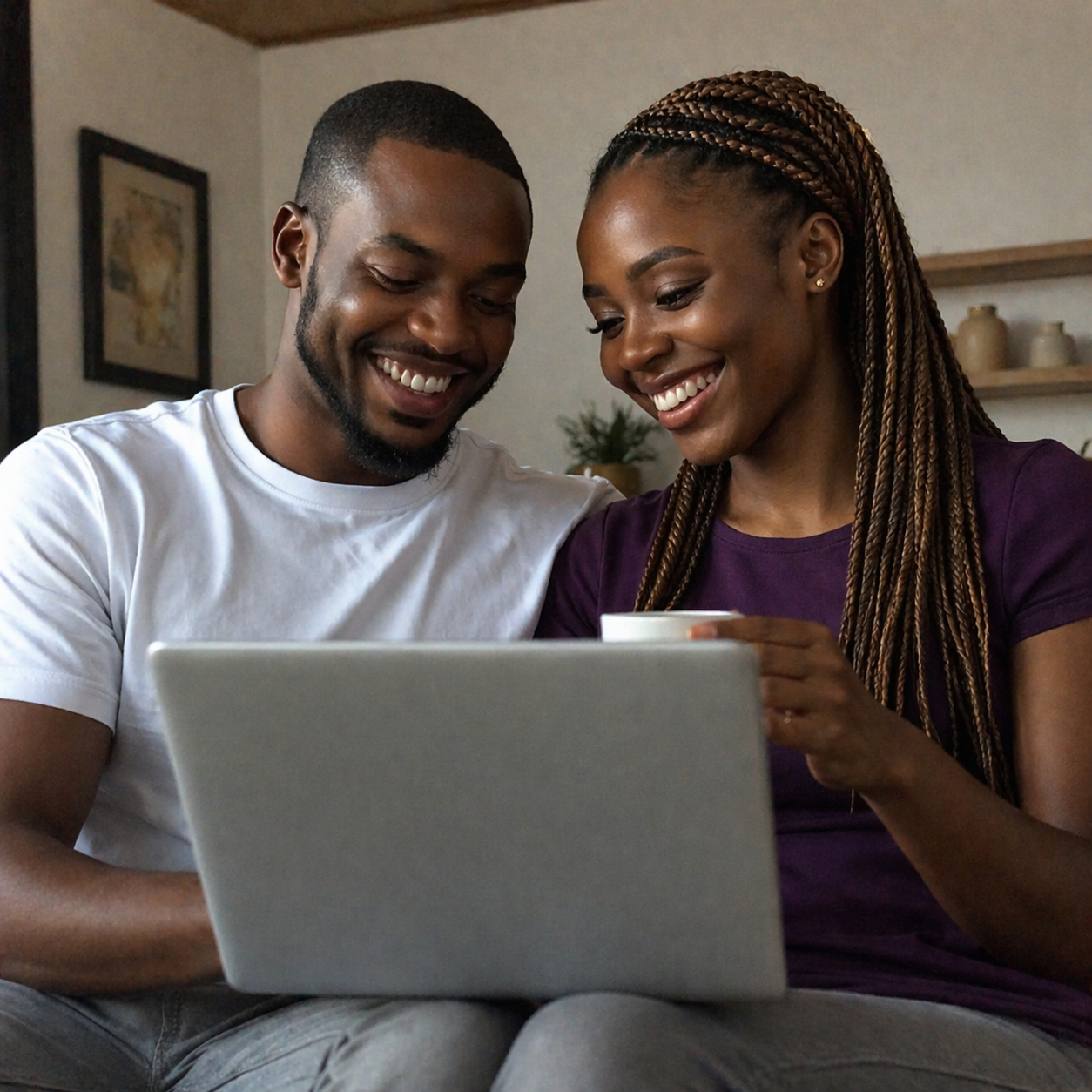 Happy South African couple reviewing finances on a laptop